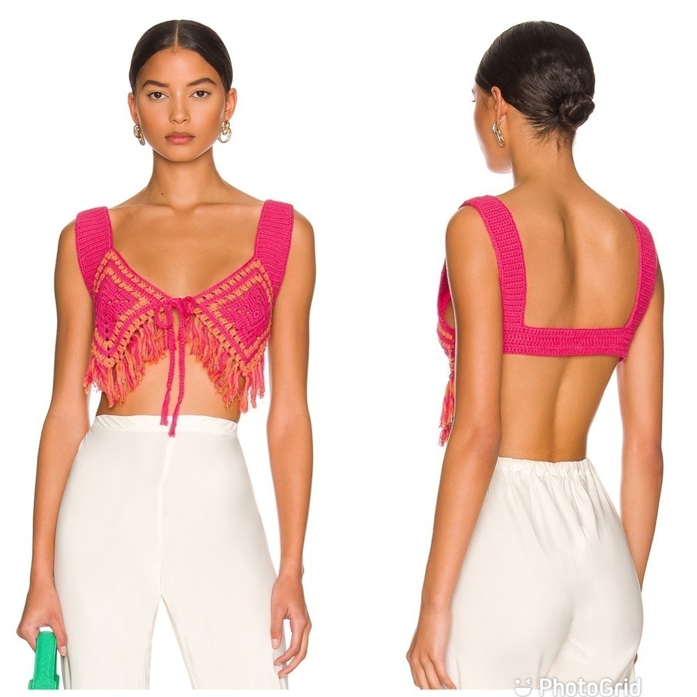 Camila Coelho Mira Hand Crochet Fringe Top in Raspberry & Orange New with tags!